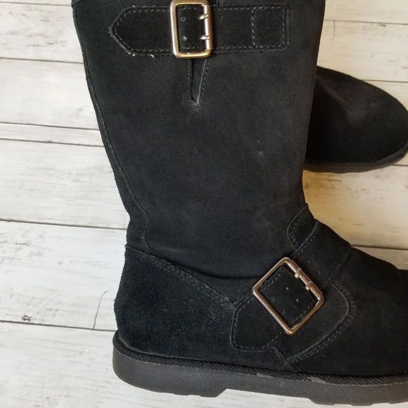 Unr8ted Rim Black Suede Leather Faux Fur Mid Calf Buckle Detail Pull On Boots - Picture 3 of 11